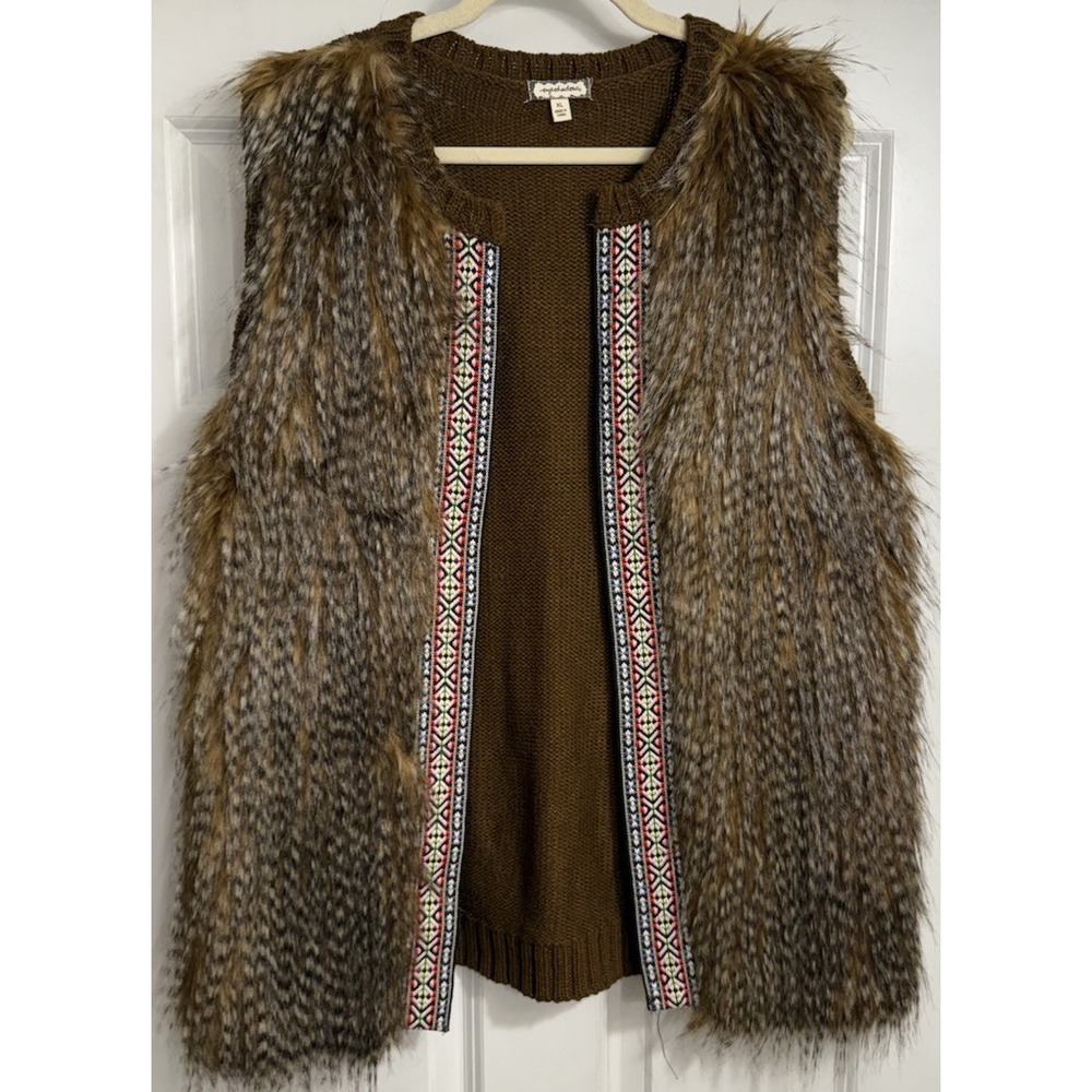 Faux Fur Vest Embroidered Stripe Knit Cardigan Sz XL Eyeshadow